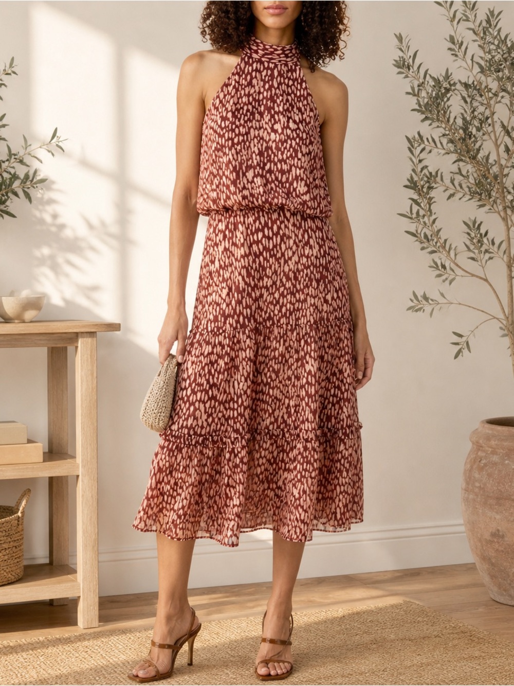 O.P.T Halter Midi Dress Burgundy Print Tiered Flowy XS